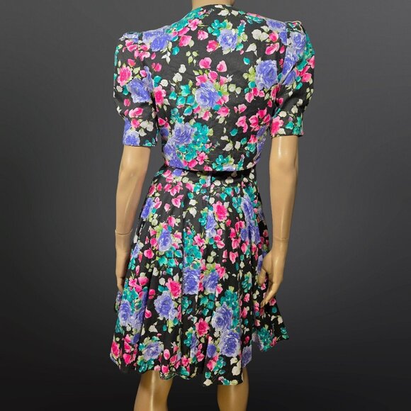 Vintage 80 Dark Floral Swing Dress With Bolero Jacket Size S Romantic Feminine - Picture 7 of 10